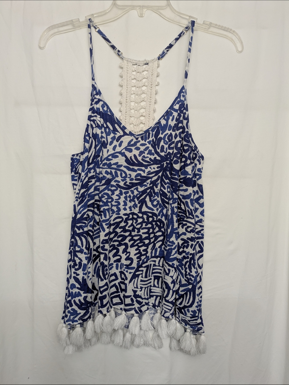 Lilly Pulitzer Blue and White Tassel-Trim Tank Top